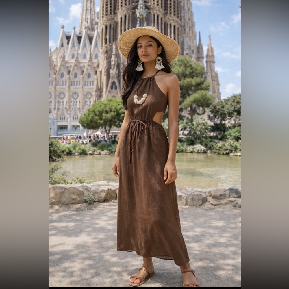 100% Linen🌹RARE🌹Anthropologie NWT Faithfull Halter Cutout Linen MIDI Dress 10.